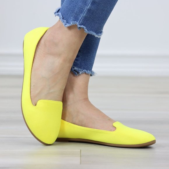 Shoes - Neon Yellow Faux Suede Rounded Toe Slip On Flat Shoes